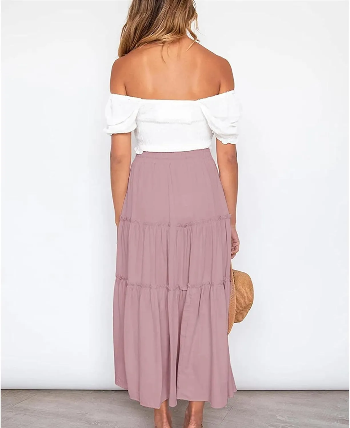 Women's Boho Elastic High Waist Skirt Dress A Line Ruffle Swing Beach Maxi Skirt Casual Drawstring Elegant Long Skirts