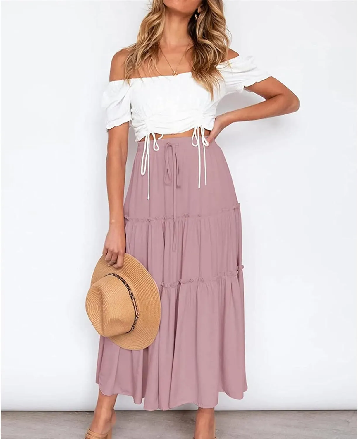 Women's Boho Elastic High Waist Skirt Dress A Line Ruffle Swing Beach Maxi Skirt Casual Drawstring Elegant Long Skirts