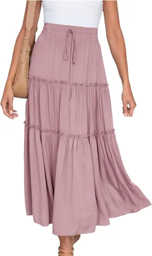 Women's Boho Elastic High Waist Skirt Dress A Line Ruffle Swing Beach Maxi Skirt Casual Drawstring Elegant Long Skirts