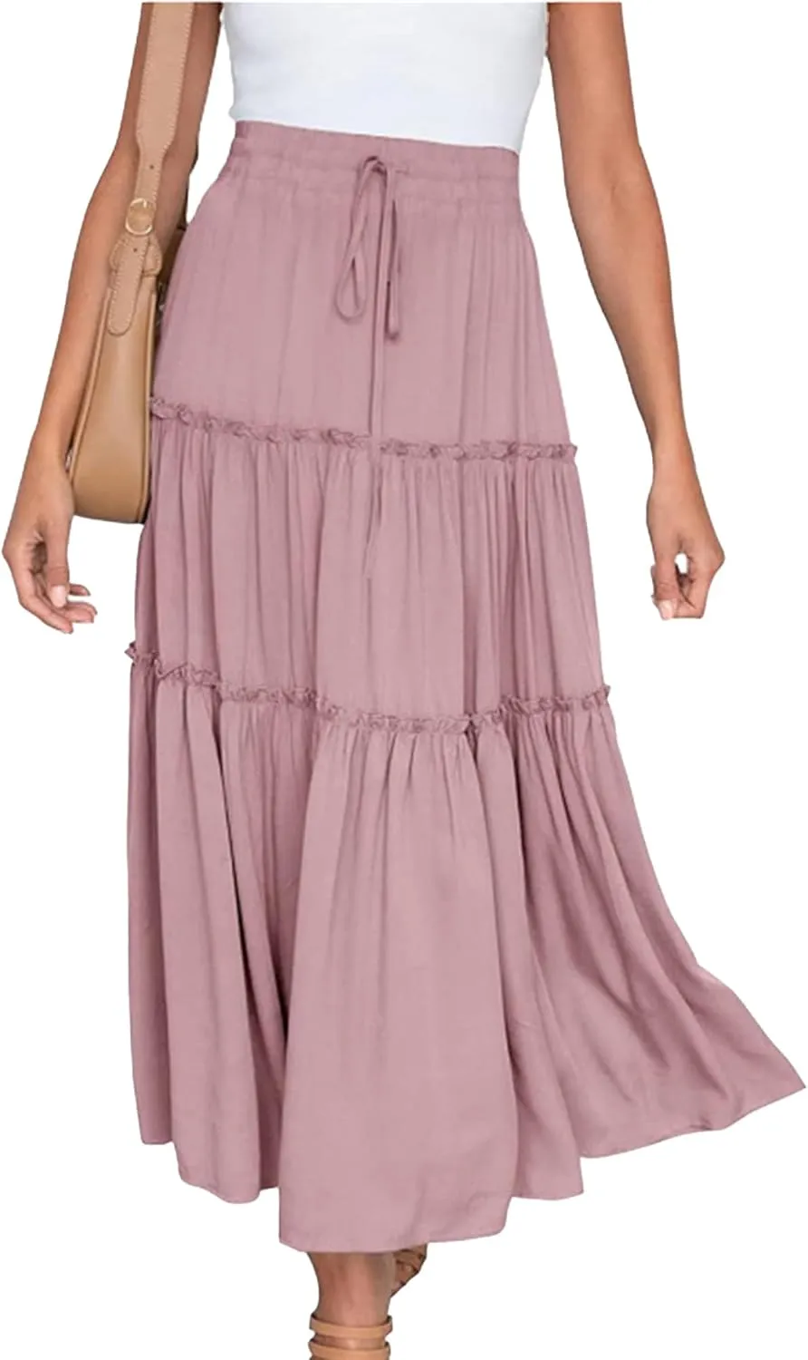 Women's Boho Elastic High Waist Skirt Dress A Line Ruffle Swing Beach Maxi Skirt Casual Drawstring Elegant Long Skirts