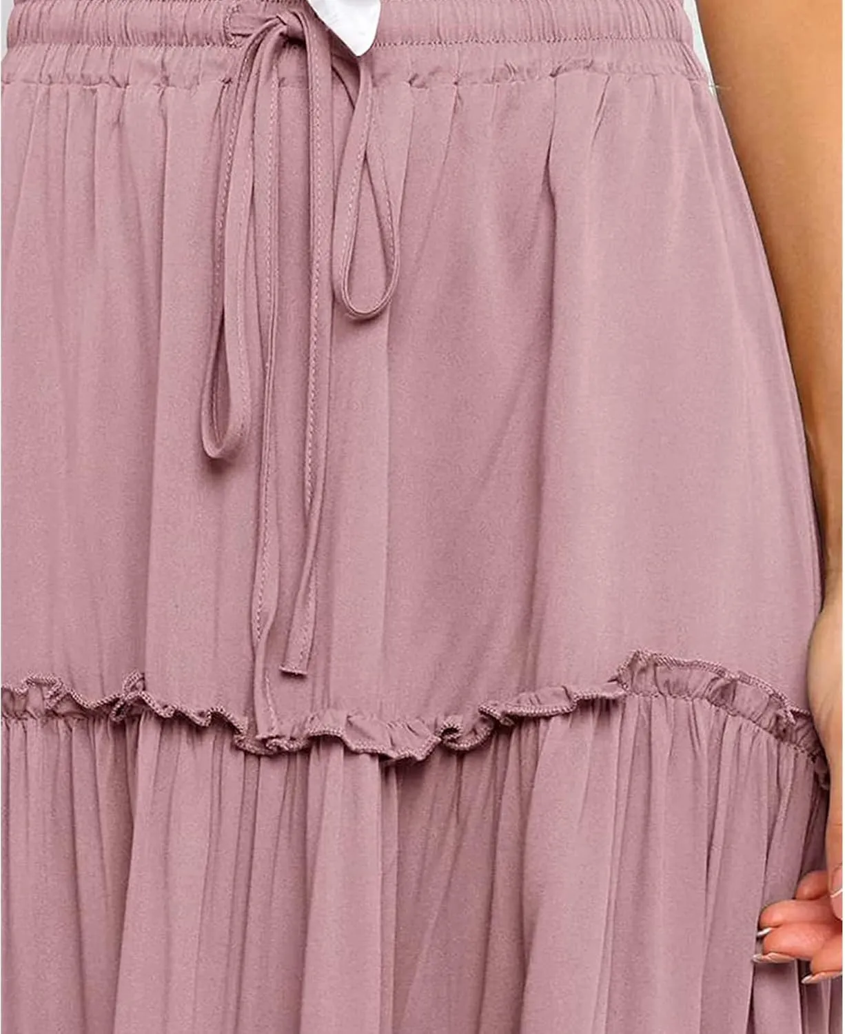 Women's Boho Elastic High Waist Skirt Dress A Line Ruffle Swing Beach Maxi Skirt Casual Drawstring Elegant Long Skirts