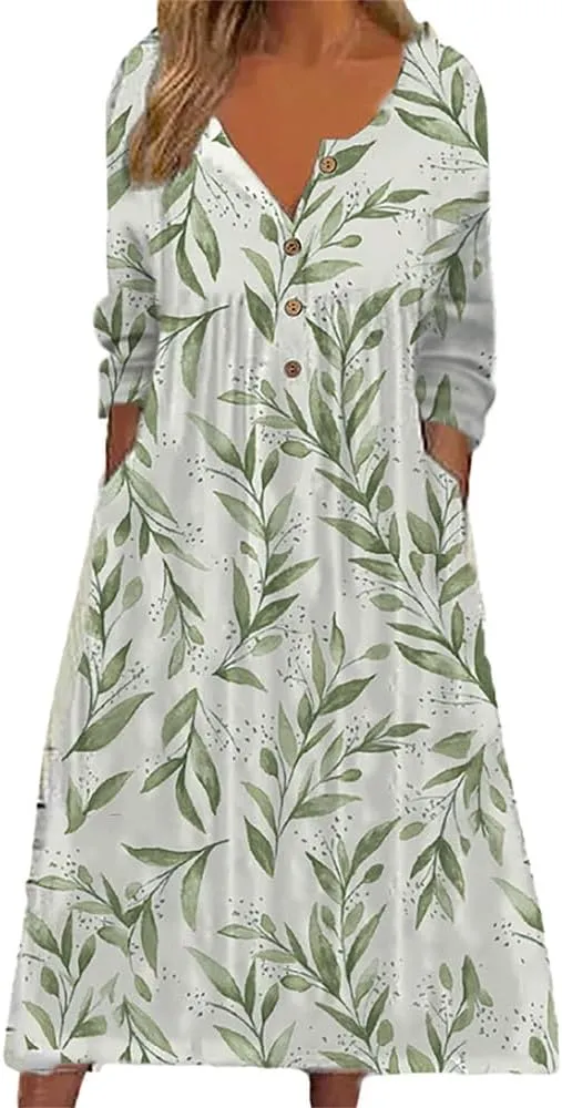 Women's Boho Floral Long Sleeve Midi Dress Casual Loose Flowy Vacation Dresses with Pockets