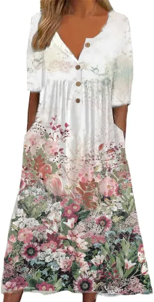 Women's Boho Floral Long Sleeve Midi Dress Casual Loose Flowy Vacation Dresses with Pockets