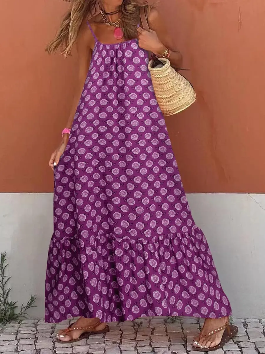Womens Boho Floral Print Sleeveless Maxi Dress Casual Spaghetti Strap Ruffle Tiered Long Summer Beach Dresses