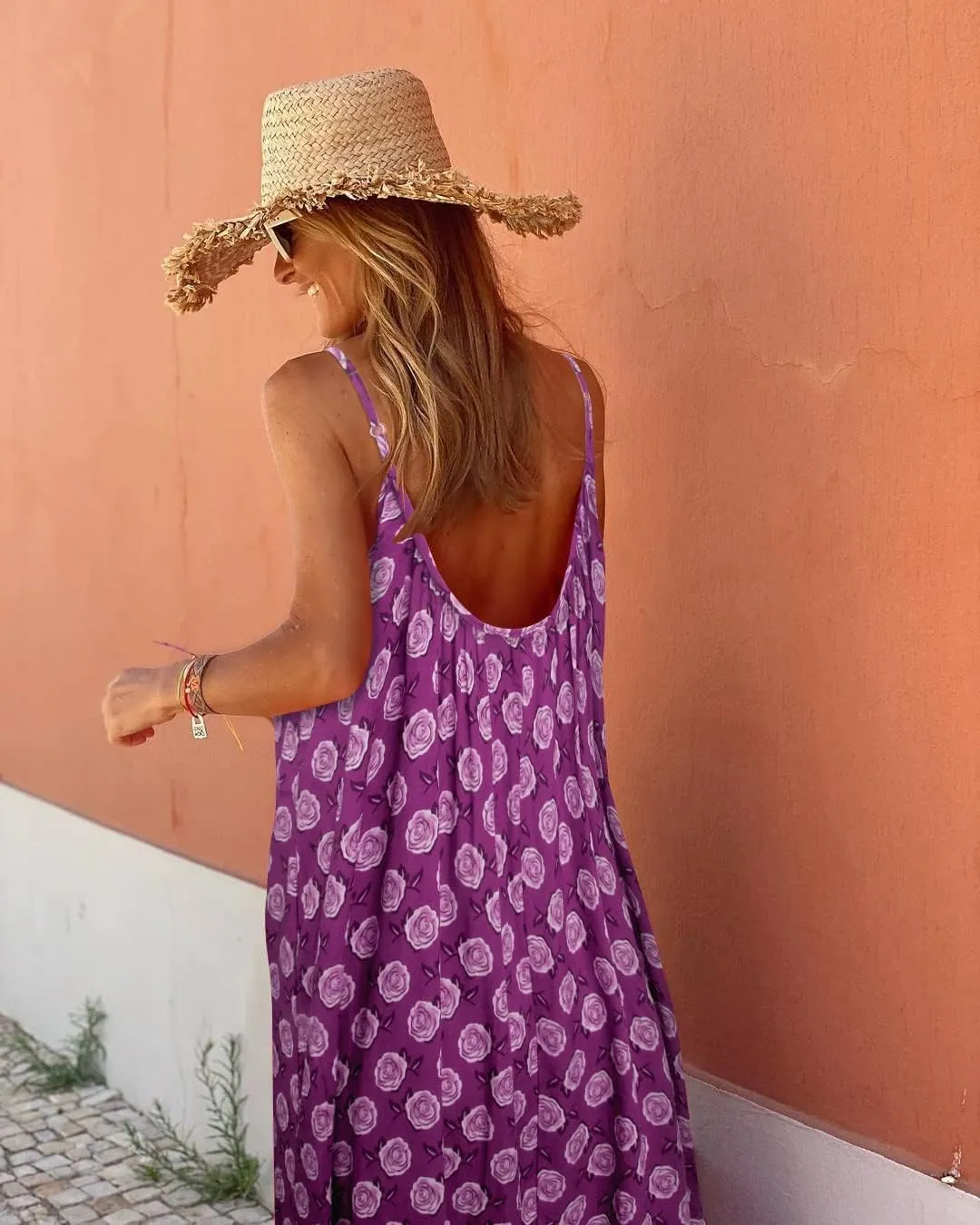 Womens Boho Floral Print Sleeveless Maxi Dress Casual Spaghetti Strap Ruffle Tiered Long Summer Beach Dresses