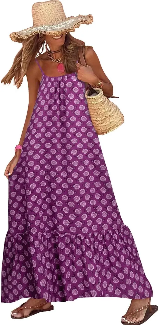 Womens Boho Floral Print Sleeveless Maxi Dress Casual Spaghetti Strap Ruffle Tiered Long Summer Beach Dresses
