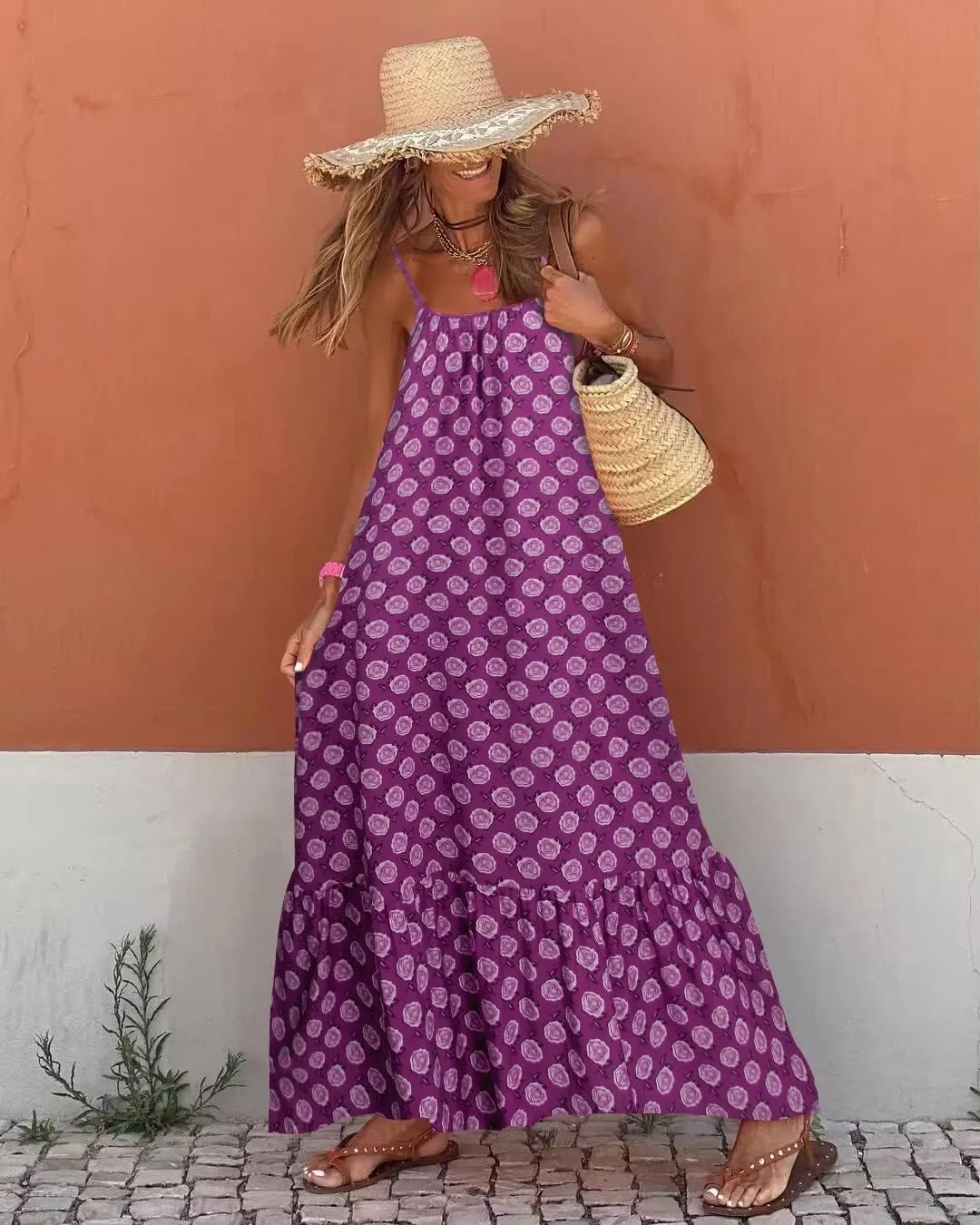 Womens Boho Floral Print Sleeveless Maxi Dress Casual Spaghetti Strap Ruffle Tiered Long Summer Beach Dresses