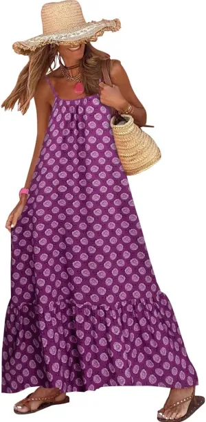Womens Boho Floral Print Sleeveless Maxi Dress Casual Spaghetti Strap Ruffle Tiered Long Summer Beach Dresses