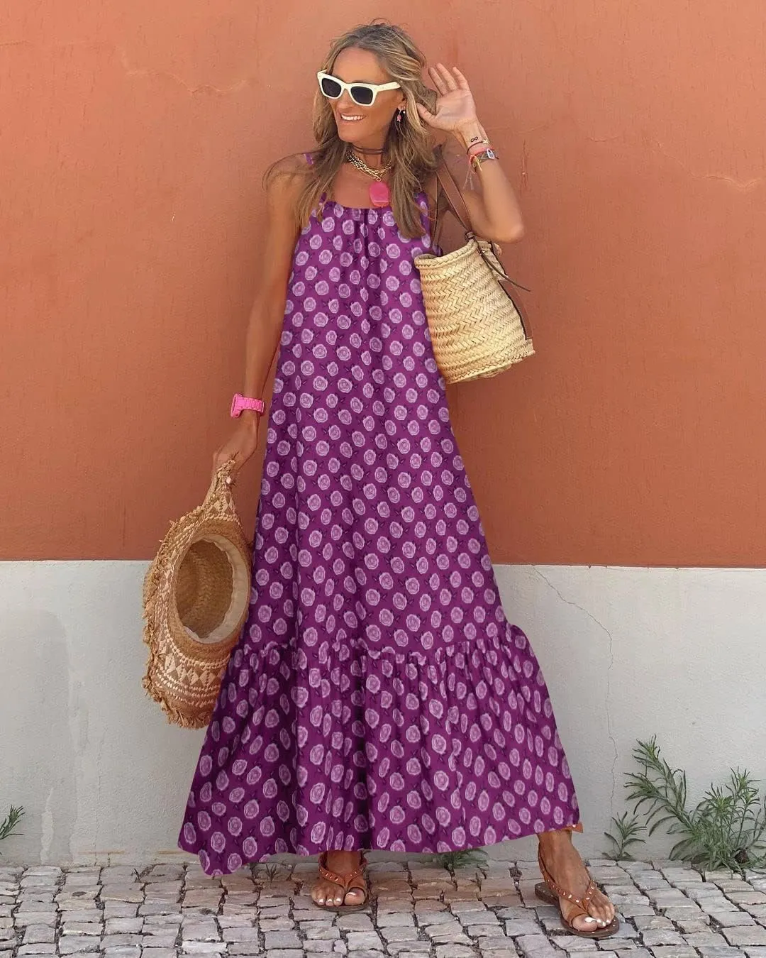 Womens Boho Floral Print Sleeveless Maxi Dress Casual Spaghetti Strap Ruffle Tiered Long Summer Beach Dresses