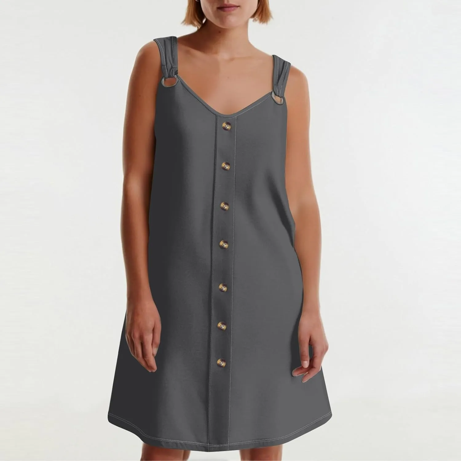 Women's Boho Summer Dresses 2025 Solid V Neck Button Down Sleeveless Tank Sundress with Pockets Mini Dresses, S-3XL