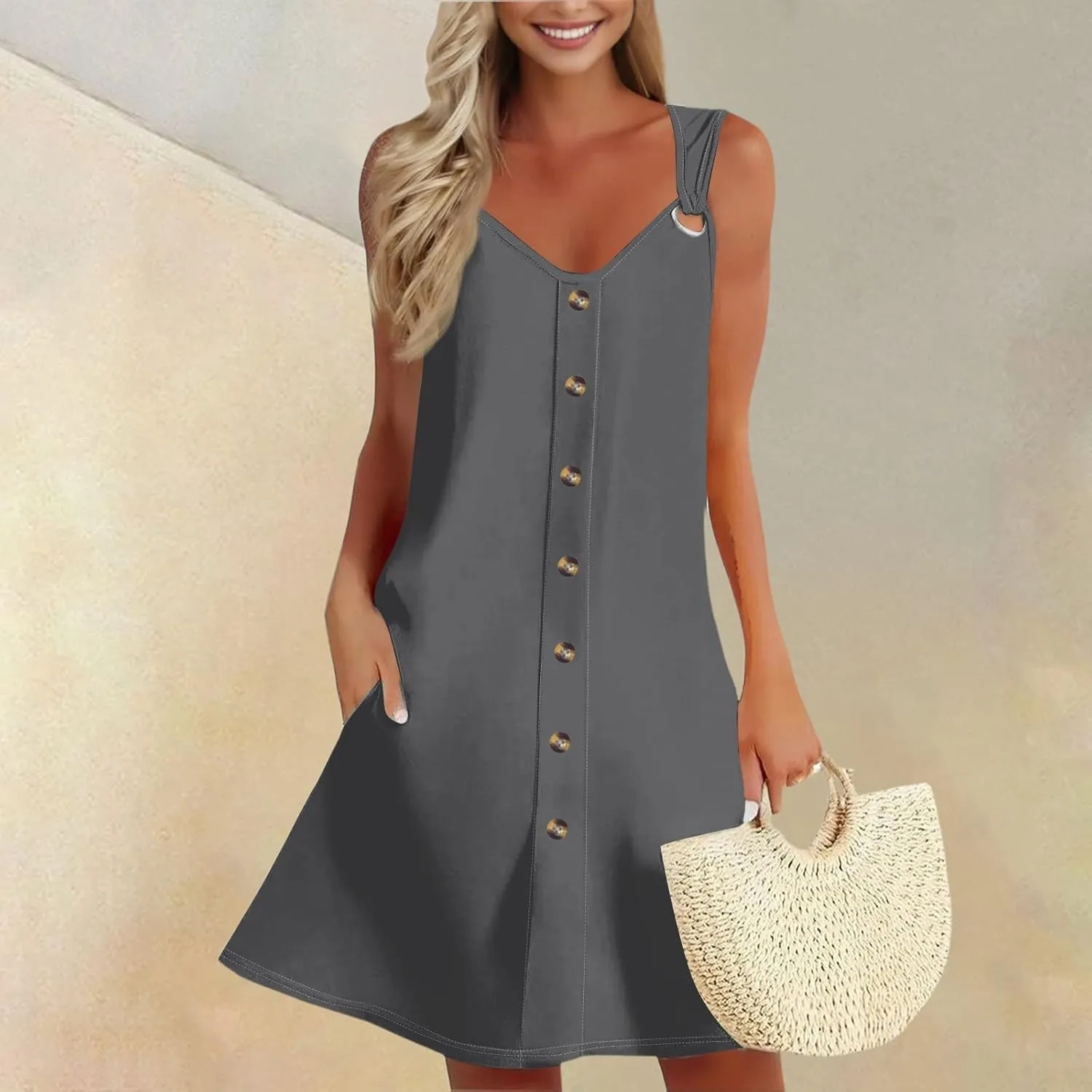 Women's Boho Summer Dresses 2025 Solid V Neck Button Down Sleeveless Tank Sundress with Pockets Mini Dresses, S-3XL