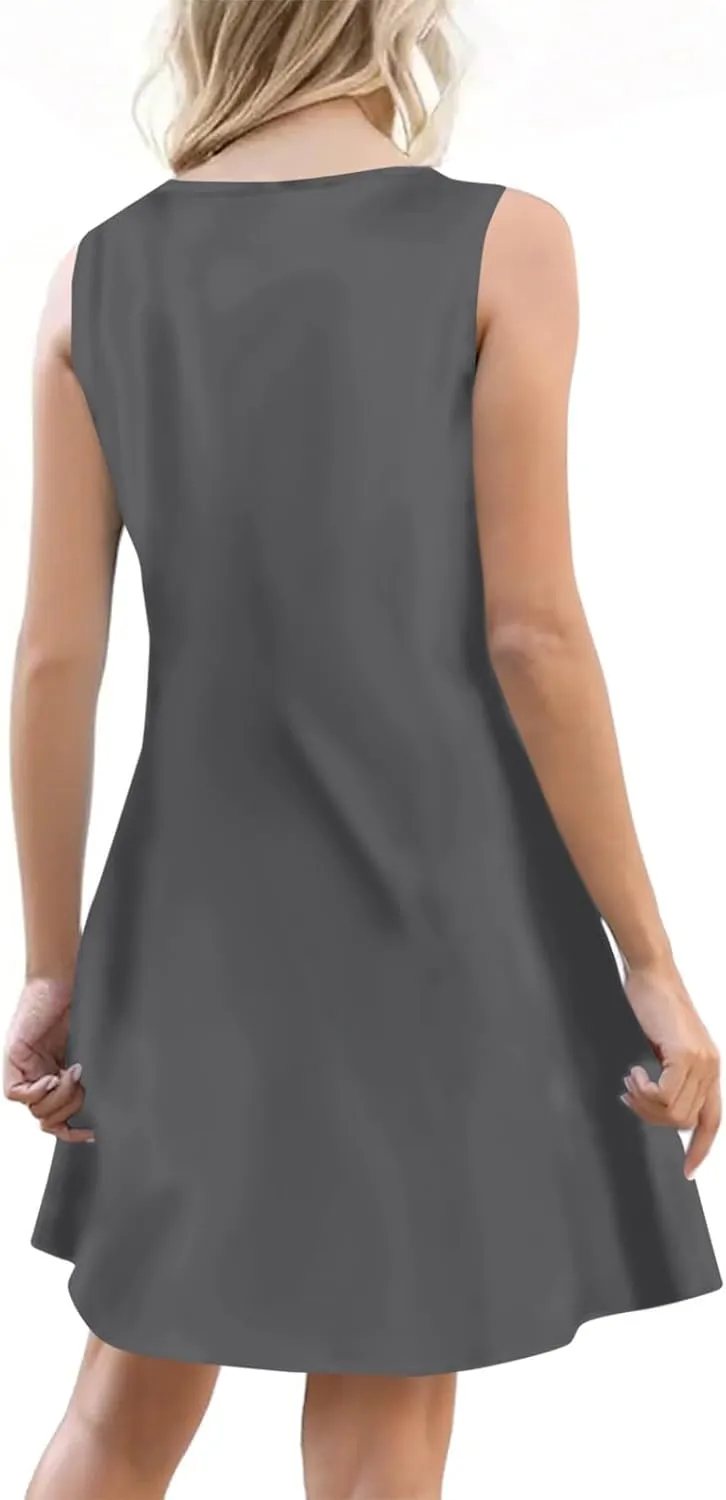 Women's Boho Summer Dresses 2025 Solid V Neck Button Down Sleeveless Tank Sundress with Pockets Mini Dresses, S-3XL