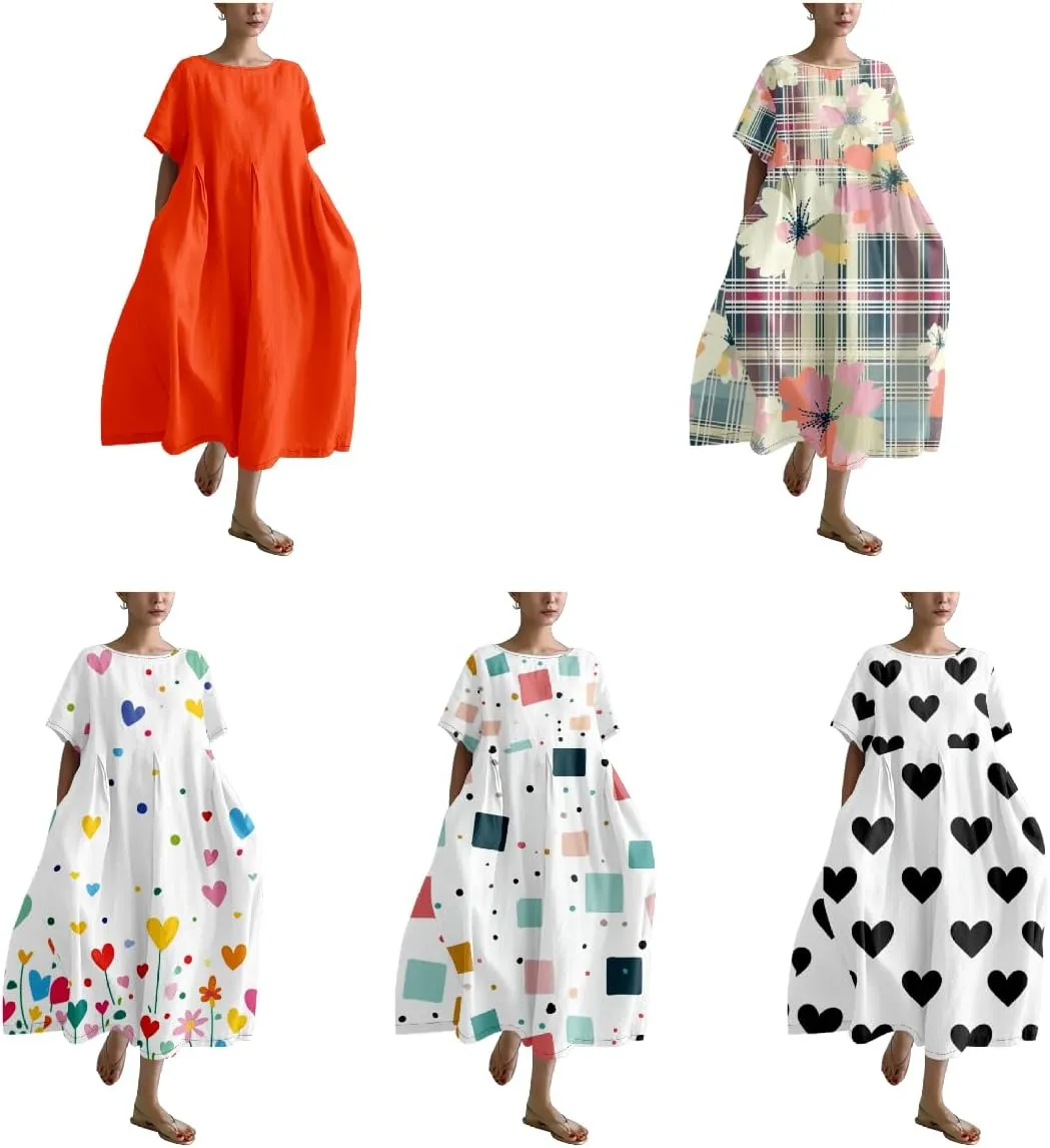 Womens Boho Summer Dresses Oversized Comfy T Shirt Dress Elegant Crew Neck Short Sleeve Sundress Camping