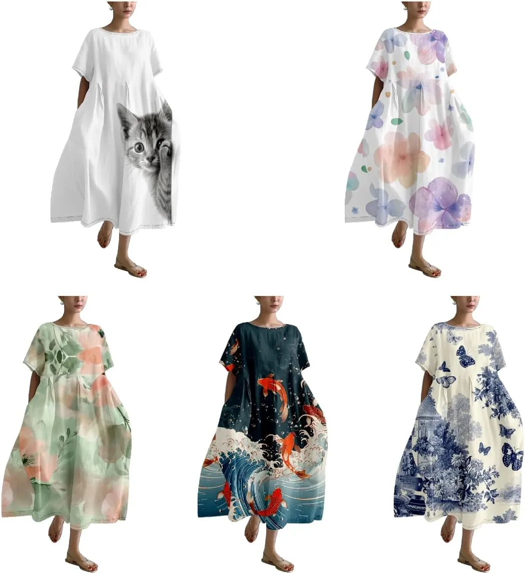 Womens Boho Summer Dresses Oversized Comfy T Shirt Dress Elegant Crew Neck Short Sleeve Sundress Camping