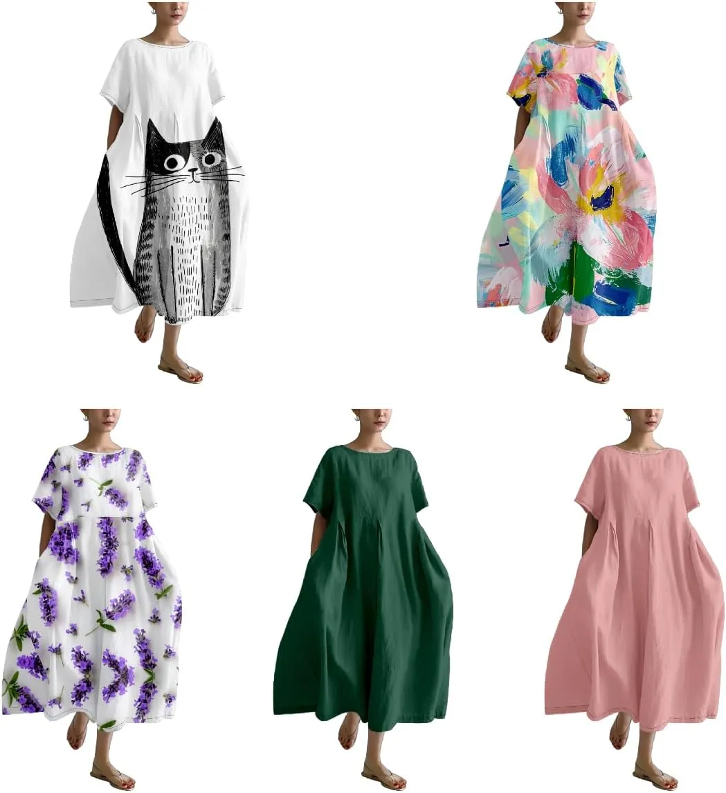 Womens Boho Summer Dresses Oversized Comfy T Shirt Dress Elegant Crew Neck Short Sleeve Sundress Camping