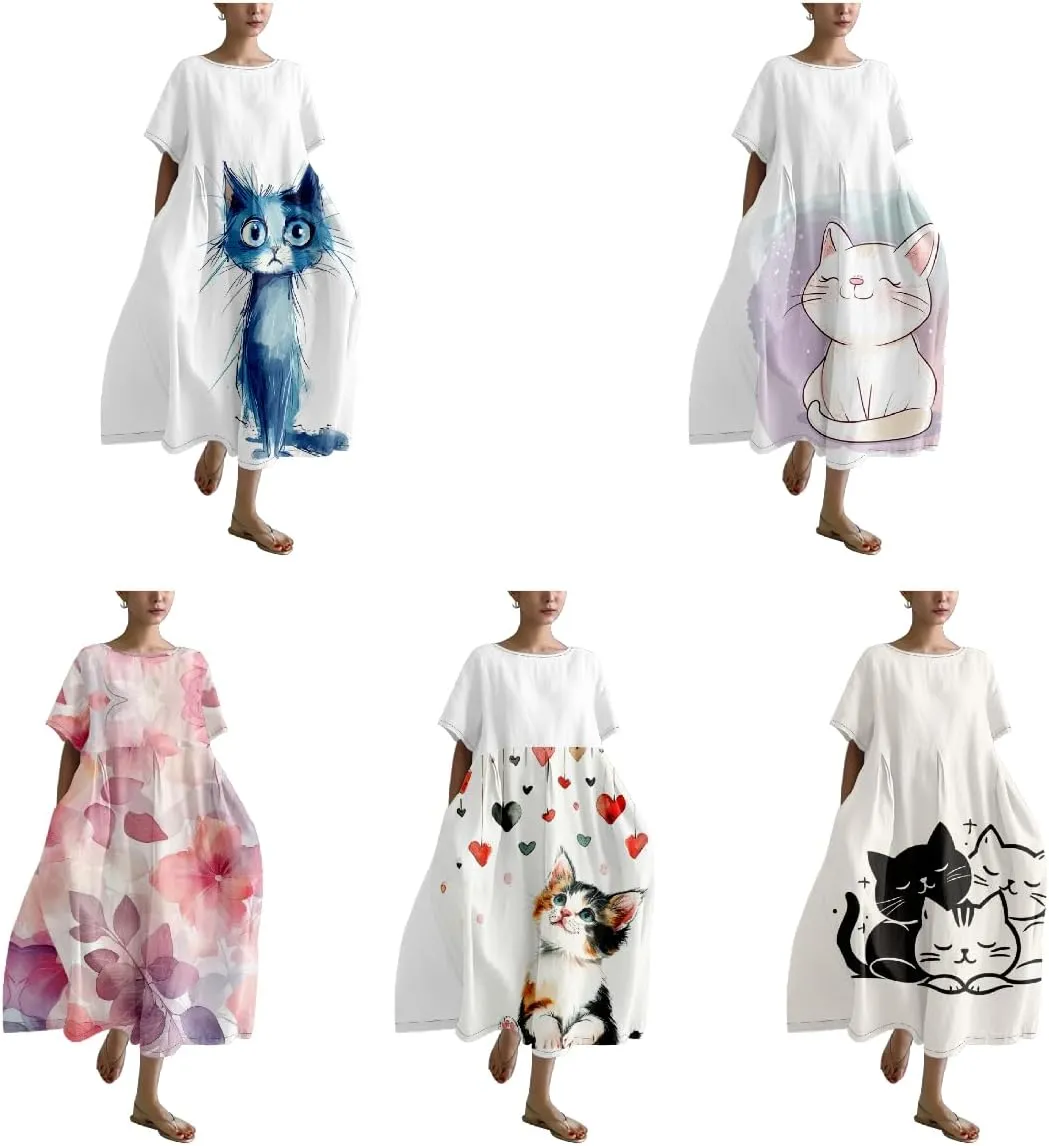 Womens Boho Summer Dresses Oversized Comfy T Shirt Dress Elegant Crew Neck Short Sleeve Sundress Camping