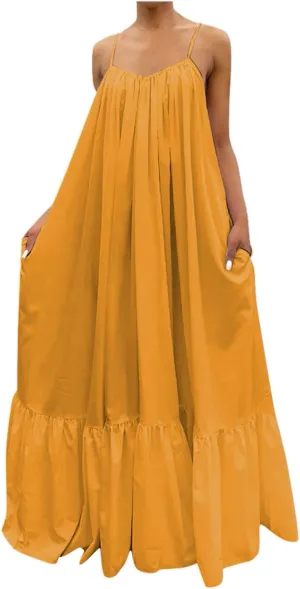 Womens Boho Summer Maxi Dresses Spaghetti Strap Flowy Beach Sundresses Casual Pleated Dress Trendy Vacation Outfits