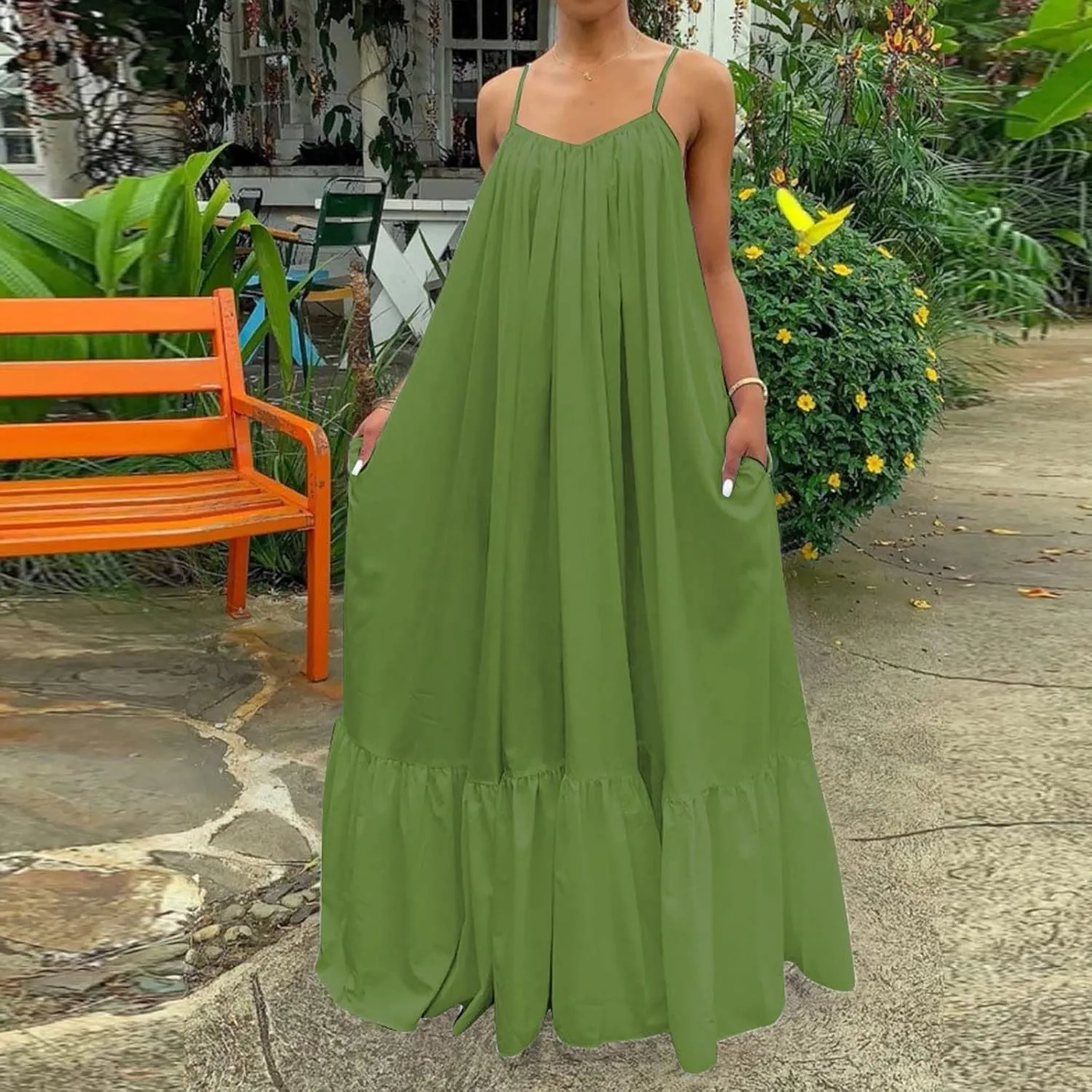 Womens Boho Summer Maxi Dresses Spaghetti Strap Flowy Beach Sundresses Casual Pleated Dress Trendy Vacation Outfits