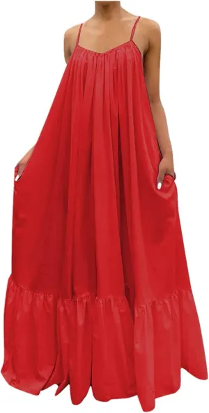Womens Boho Summer Maxi Dresses Spaghetti Strap Flowy Beach Sundresses Casual Pleated Dress Trendy Vacation Outfits