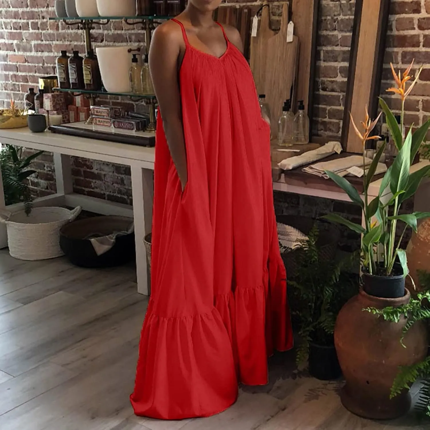 Womens Boho Summer Maxi Dresses Spaghetti Strap Flowy Beach Sundresses Casual Pleated Dress Trendy Vacation Outfits