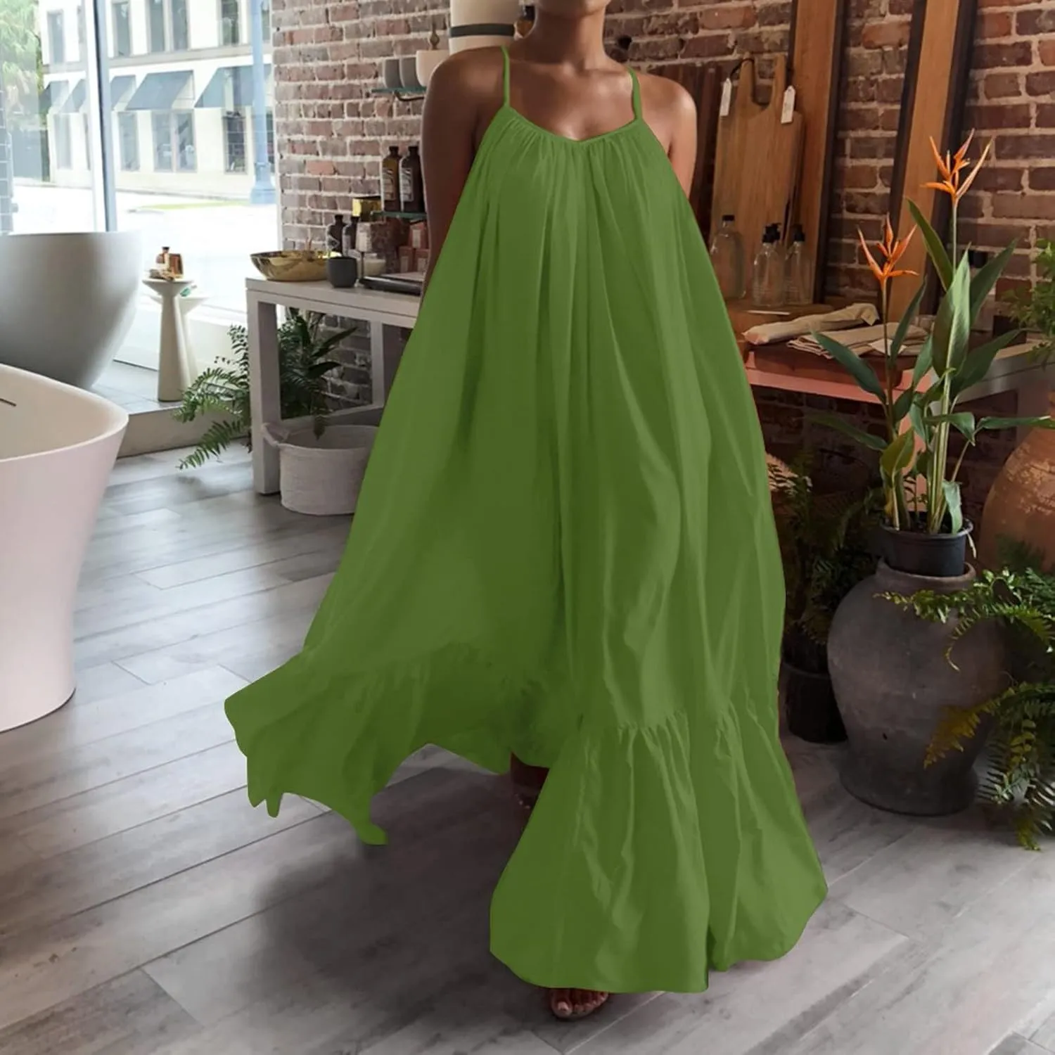 Womens Boho Summer Maxi Dresses Spaghetti Strap Flowy Beach Sundresses Casual Pleated Dress Trendy Vacation Outfits