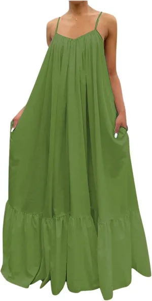 Womens Boho Summer Maxi Dresses Spaghetti Strap Flowy Beach Sundresses Casual Pleated Dress Trendy Vacation Outfits