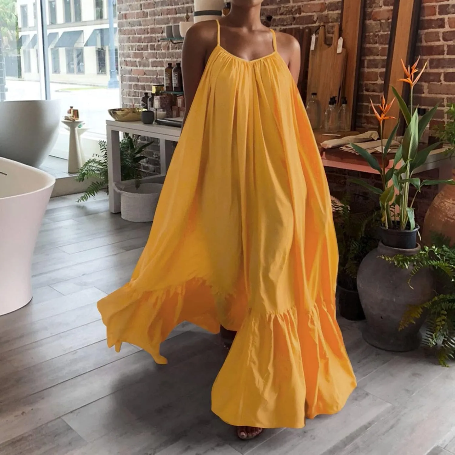 Womens Boho Summer Maxi Dresses Spaghetti Strap Flowy Beach Sundresses Casual Pleated Dress Trendy Vacation Outfits
