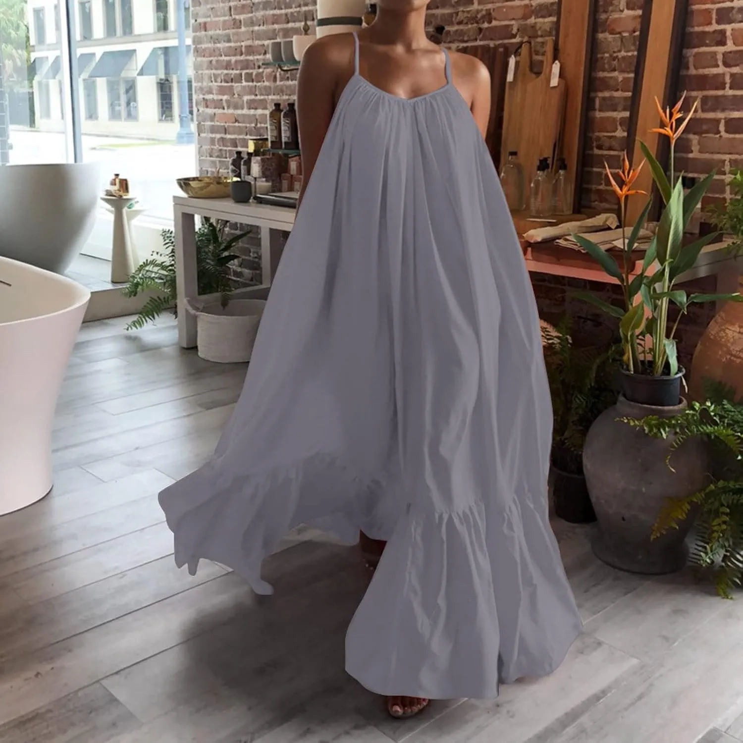 Womens Boho Summer Maxi Dresses Spaghetti Strap Flowy Beach Sundresses Casual Pleated Dress Trendy Vacation Outfits