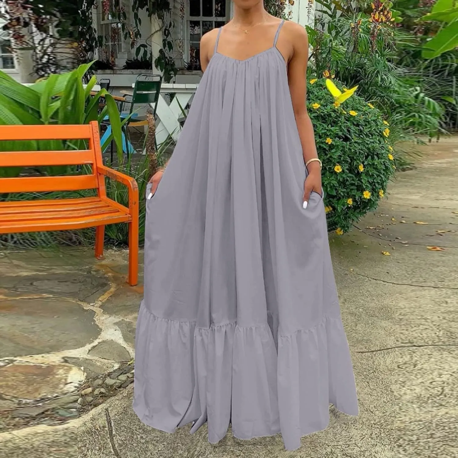 Womens Boho Summer Maxi Dresses Spaghetti Strap Flowy Beach Sundresses Casual Pleated Dress Trendy Vacation Outfits