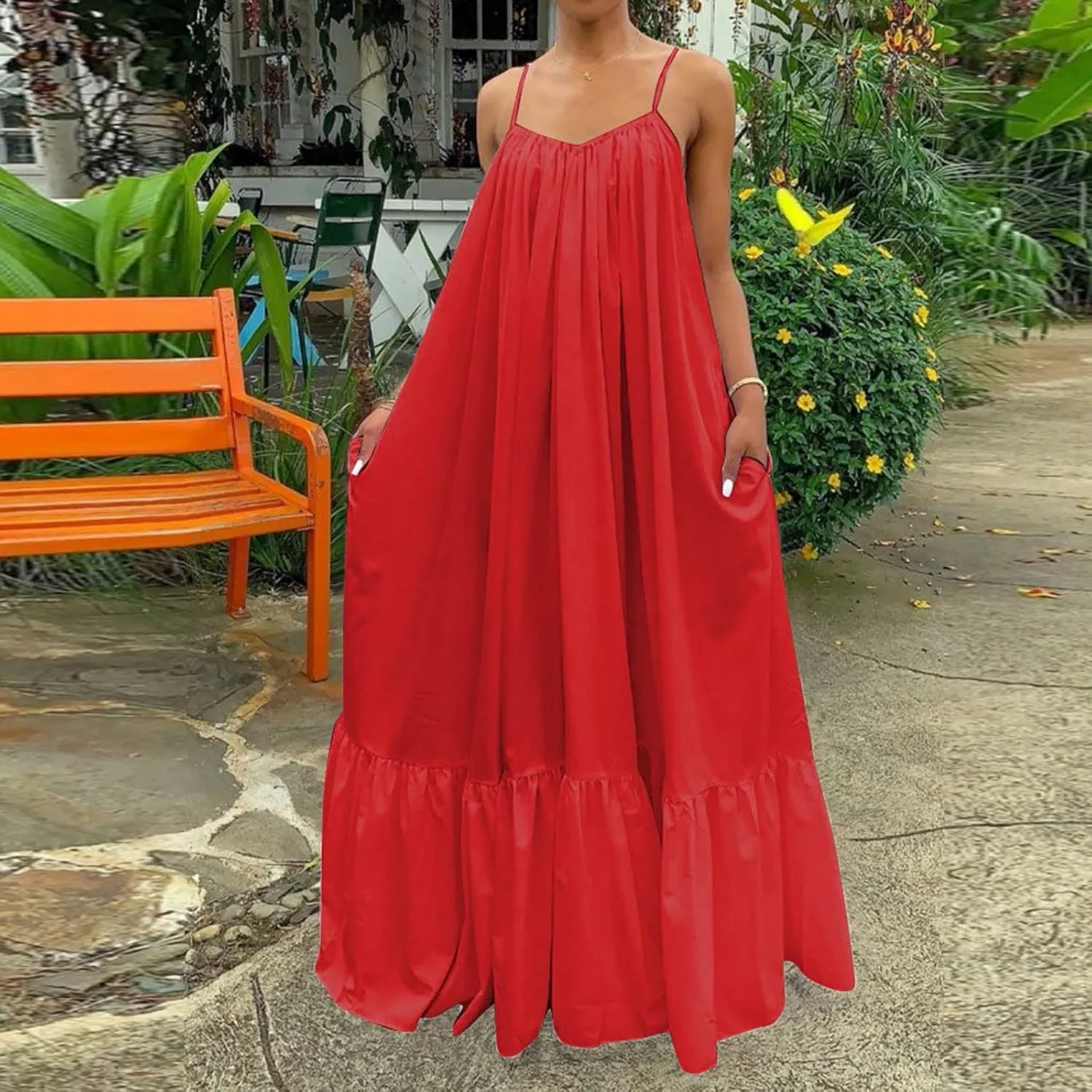 Womens Boho Summer Maxi Dresses Spaghetti Strap Flowy Beach Sundresses Casual Pleated Dress Trendy Vacation Outfits