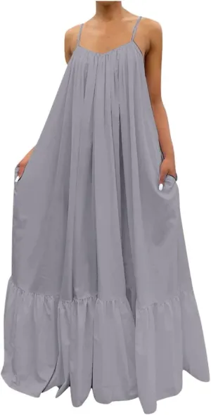 Womens Boho Summer Maxi Dresses Spaghetti Strap Flowy Beach Sundresses Casual Pleated Dress Trendy Vacation Outfits