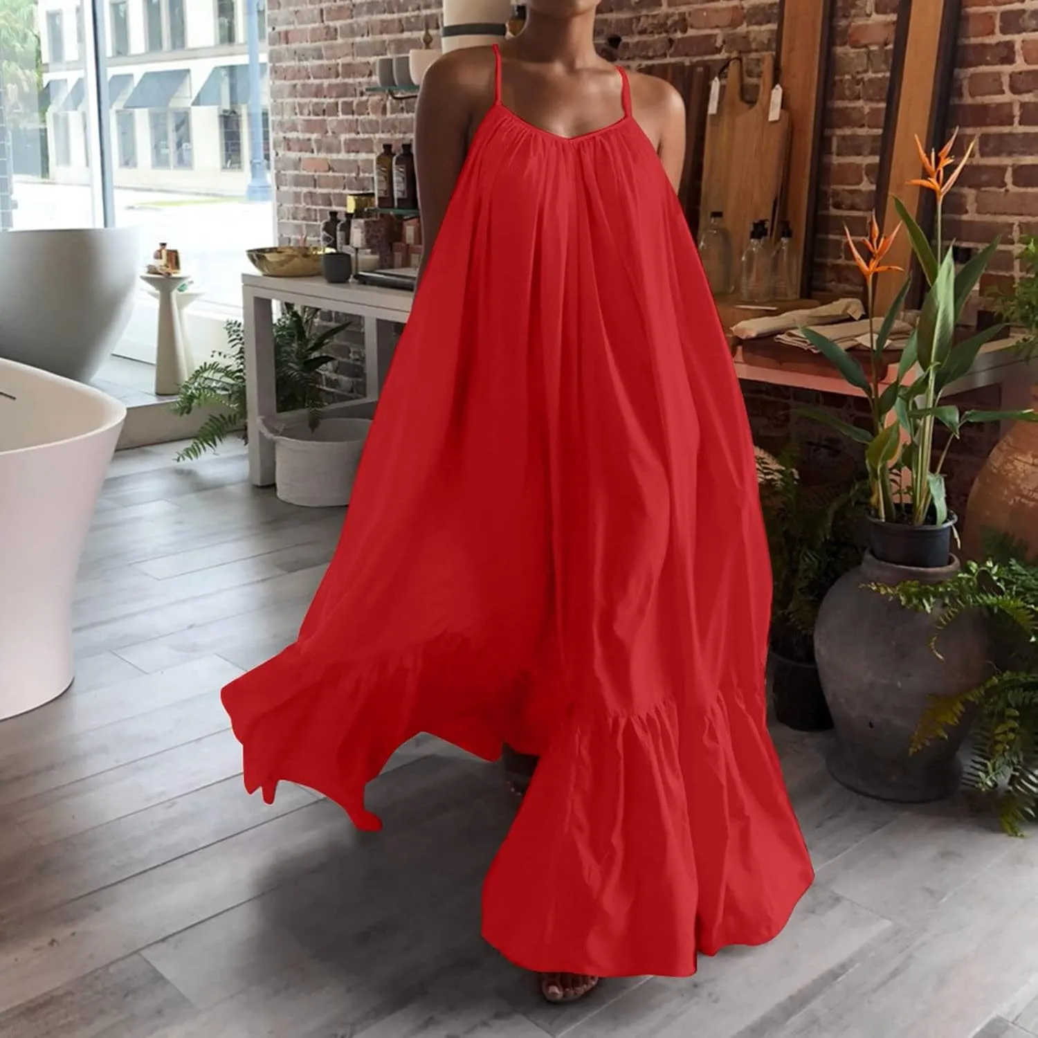 Womens Boho Summer Maxi Dresses Spaghetti Strap Flowy Beach Sundresses Casual Pleated Dress Trendy Vacation Outfits