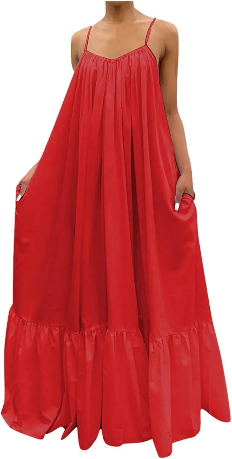 Womens Boho Summer Maxi Dresses Spaghetti Strap Flowy Beach Sundresses Casual Pleated Dress Trendy Vacation Outfits