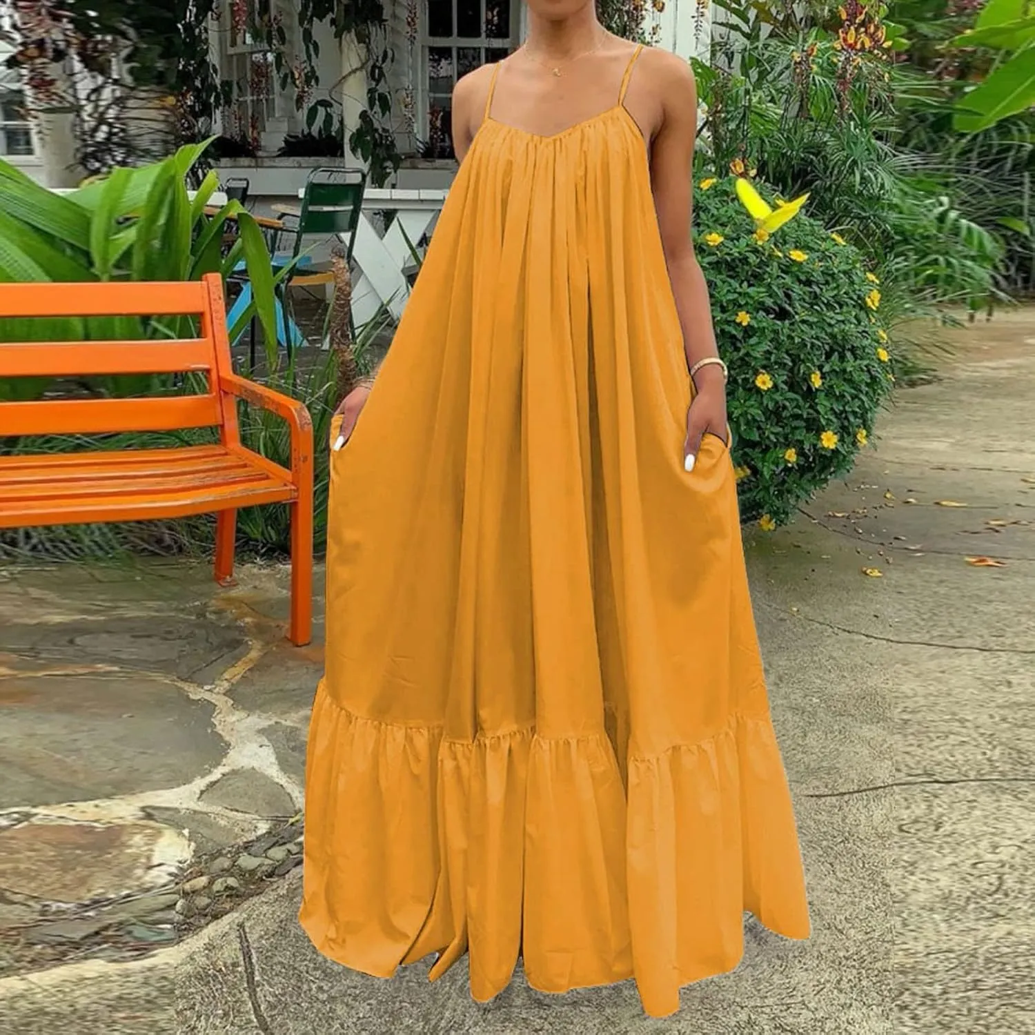 Womens Boho Summer Maxi Dresses Spaghetti Strap Flowy Beach Sundresses Casual Pleated Dress Trendy Vacation Outfits