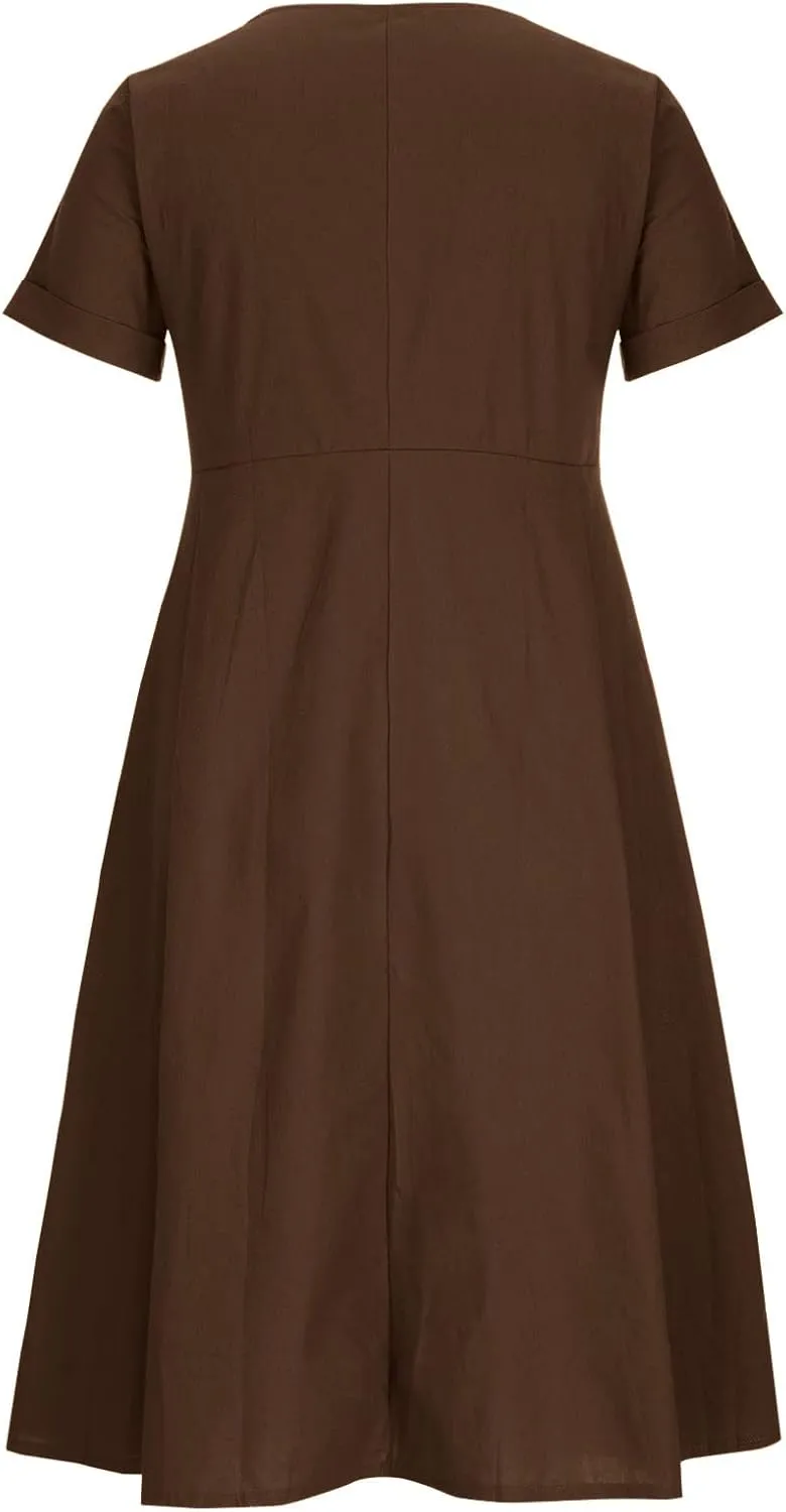 Womens Button Down Cotton Linen Empire Waist Dress Summer Trendy V Neck Short Sleeve Elegant Midi A-Line Dresses