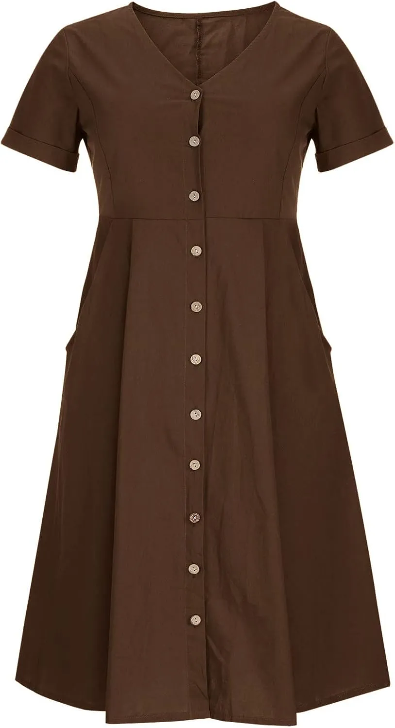Womens Button Down Cotton Linen Empire Waist Dress Summer Trendy V Neck Short Sleeve Elegant Midi A-Line Dresses