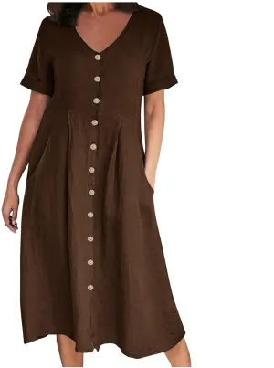 Womens Button Down Cotton Linen Empire Waist Dress Summer Trendy V Neck Short Sleeve Elegant Midi A-Line Dresses