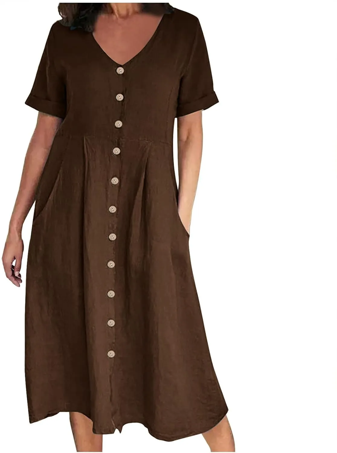 Womens Button Down Cotton Linen Empire Waist Dress Summer Trendy V Neck Short Sleeve Elegant Midi A-Line Dresses