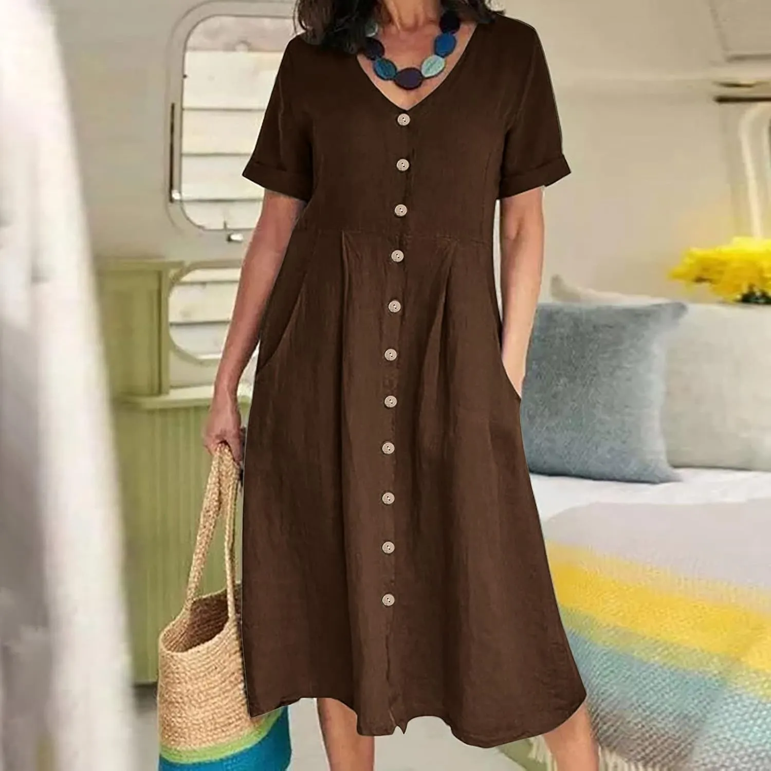 Womens Button Down Cotton Linen Empire Waist Dress Summer Trendy V Neck Short Sleeve Elegant Midi A-Line Dresses