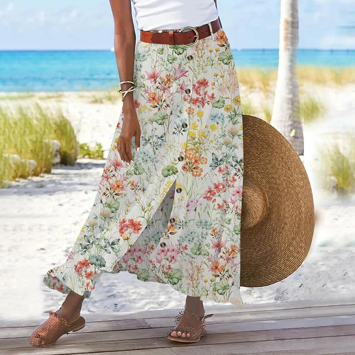 Women's Button Front Maxi Skirt Mid Waist Boho A Line Skirt Summer Cotton Pleated Slit Skirt Flowy Swing Long Skirt