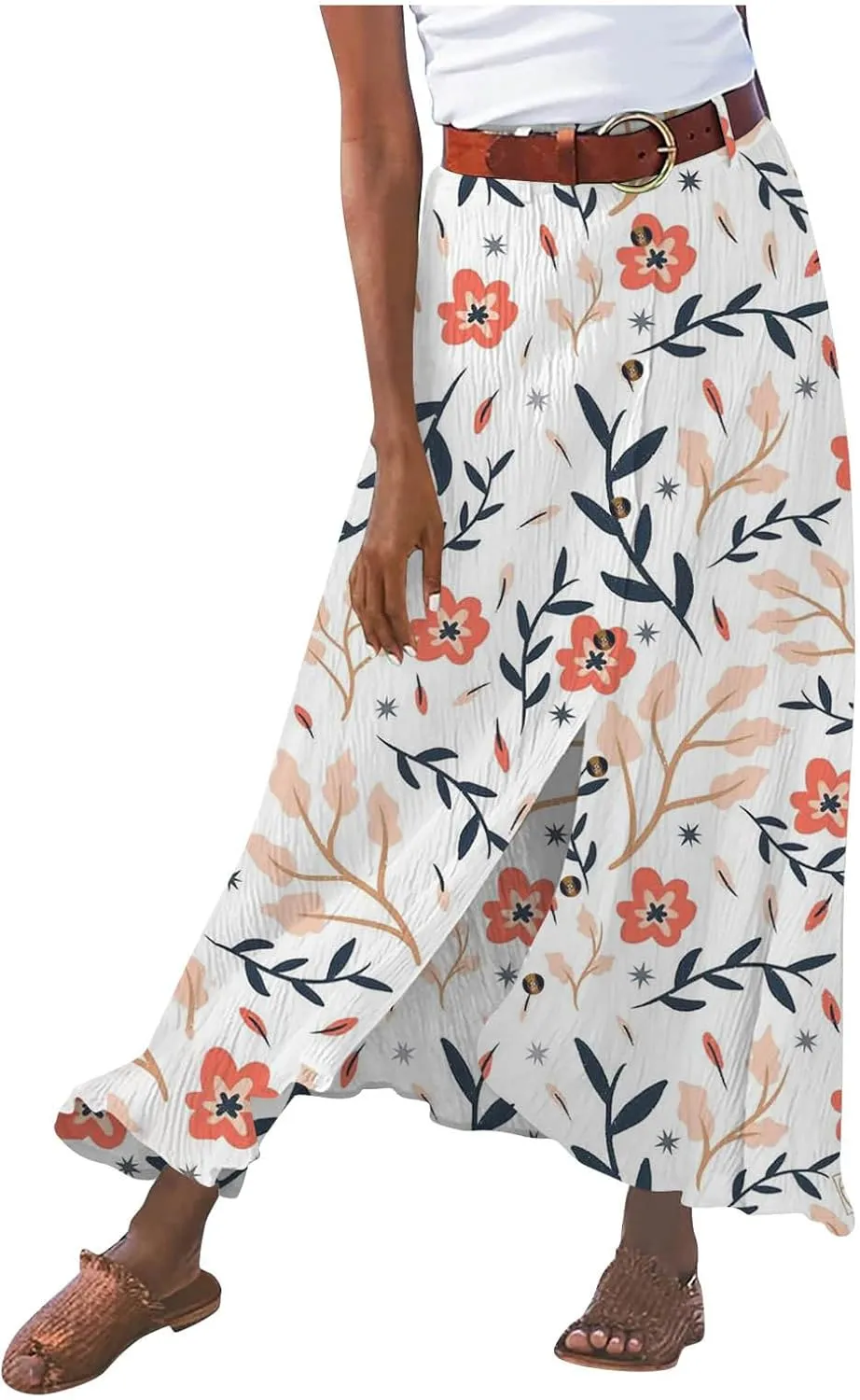 Women's Button Front Maxi Skirt Mid Waist Boho A Line Skirt Summer Cotton Pleated Slit Skirt Flowy Swing Long Skirt