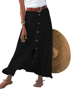 Women's Button Front Maxi Skirt Mid Waist Boho A Line Skirt Summer Cotton Pleated Slit Skirt Flowy Swing Long Skirt