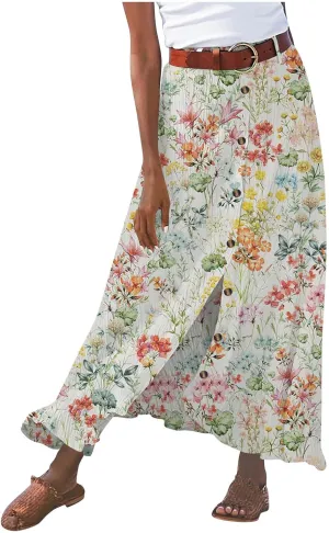 Women's Button Front Maxi Skirt Mid Waist Boho A Line Skirt Summer Cotton Pleated Slit Skirt Flowy Swing Long Skirt