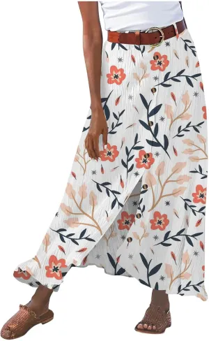 Women's Button Front Maxi Skirt Mid Waist Boho A Line Skirt Summer Cotton Pleated Slit Skirt Flowy Swing Long Skirt