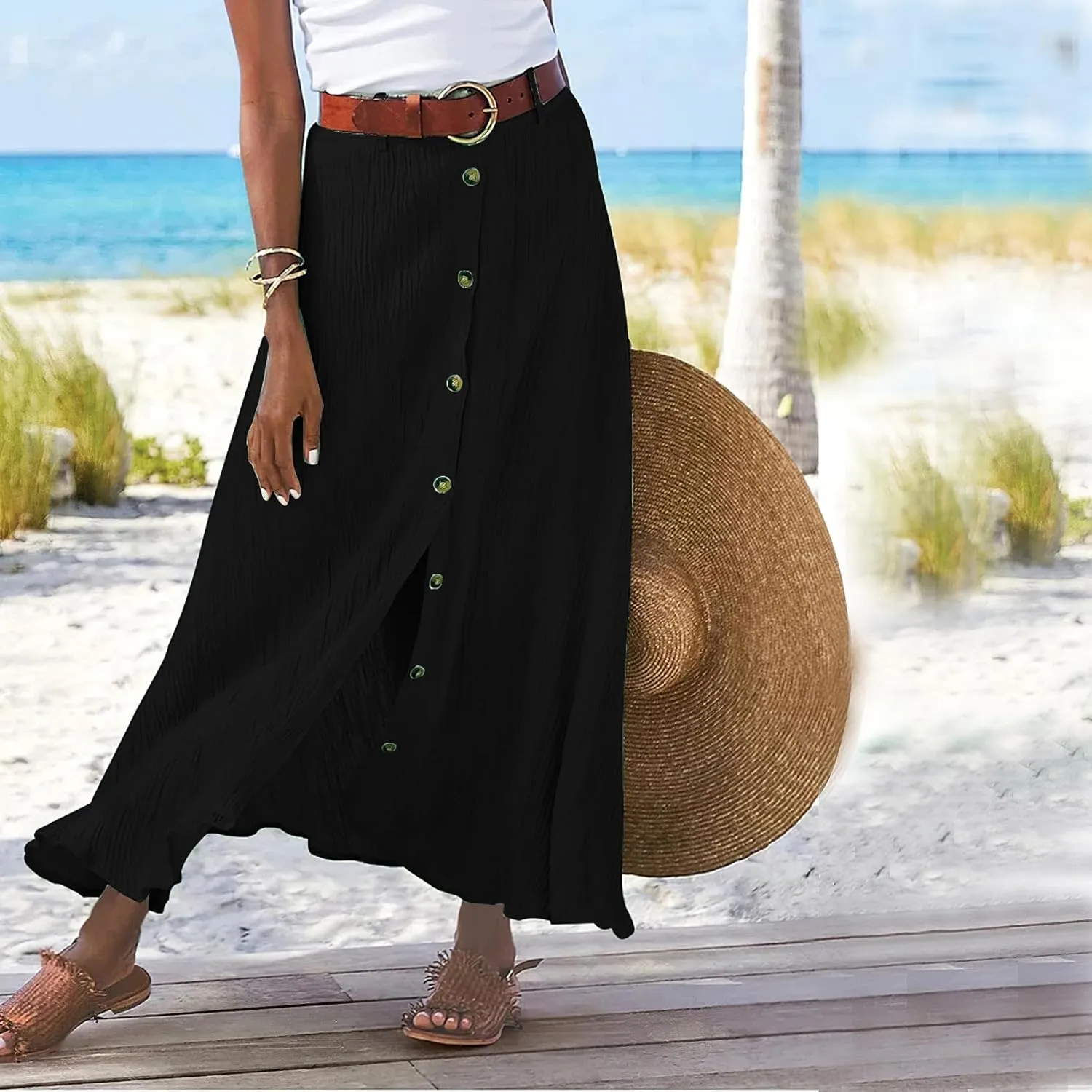Women's Button Front Maxi Skirt Mid Waist Boho A Line Skirt Summer Cotton Pleated Slit Skirt Flowy Swing Long Skirt