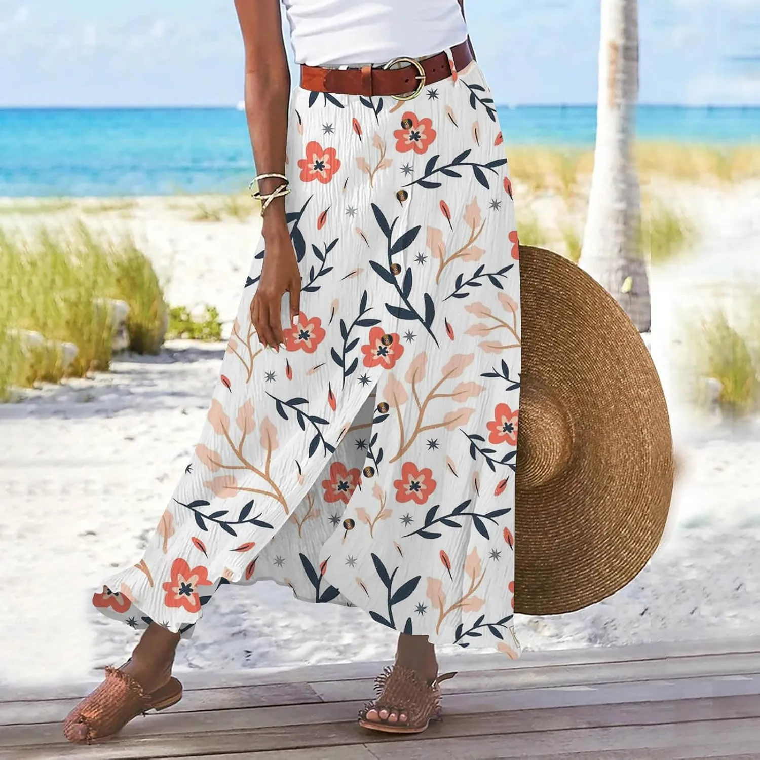 Women's Button Front Maxi Skirt Mid Waist Boho A Line Skirt Summer Cotton Pleated Slit Skirt Flowy Swing Long Skirt