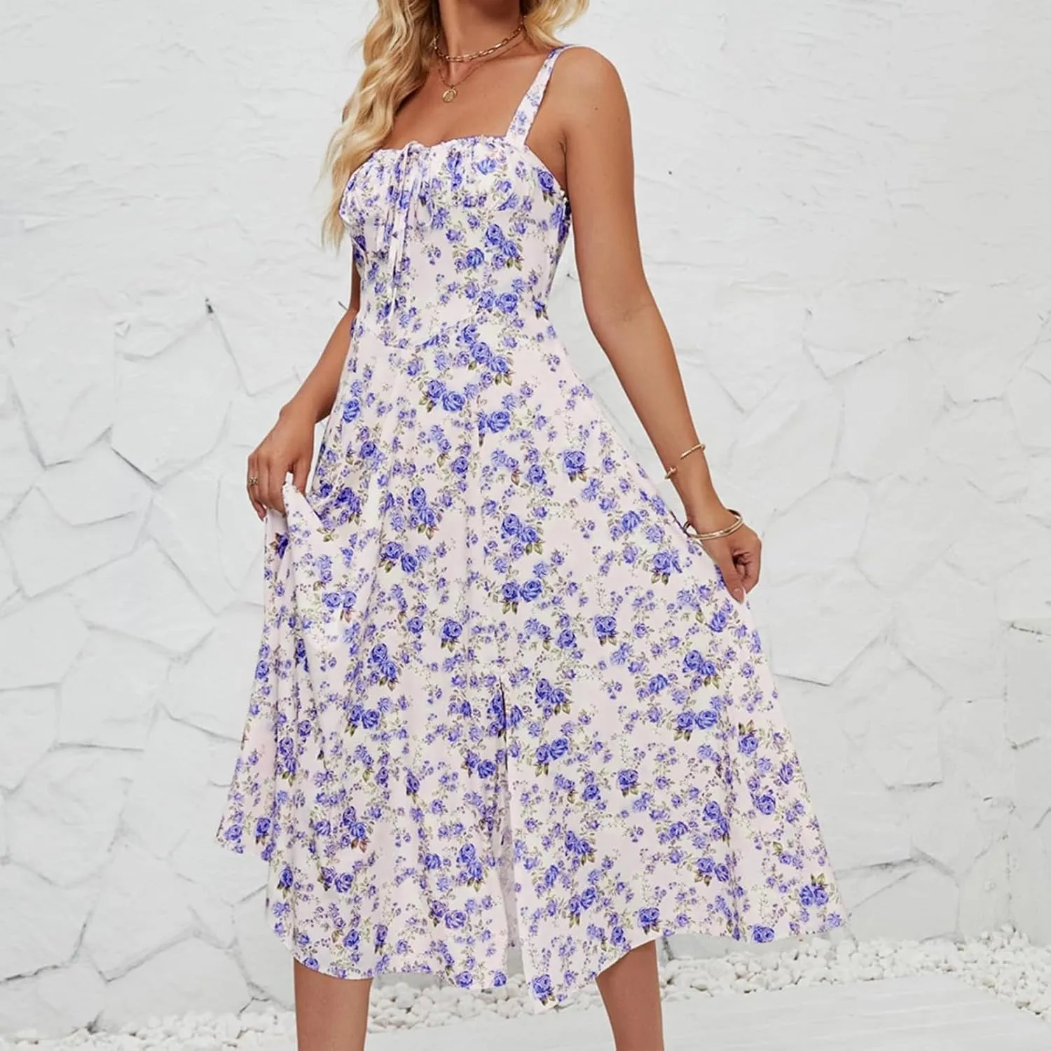 Women's Cami Midi Floral Dress Flowy Sundress Summer Beach Dresses Halter Side Slit Printed Vacation Long Skirts