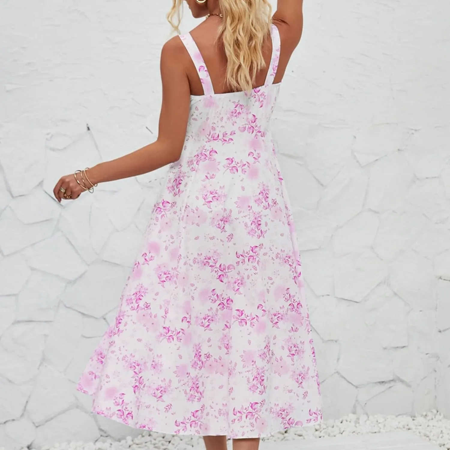 Women's Cami Midi Floral Dress Flowy Sundress Summer Beach Dresses Halter Side Slit Printed Vacation Long Skirts