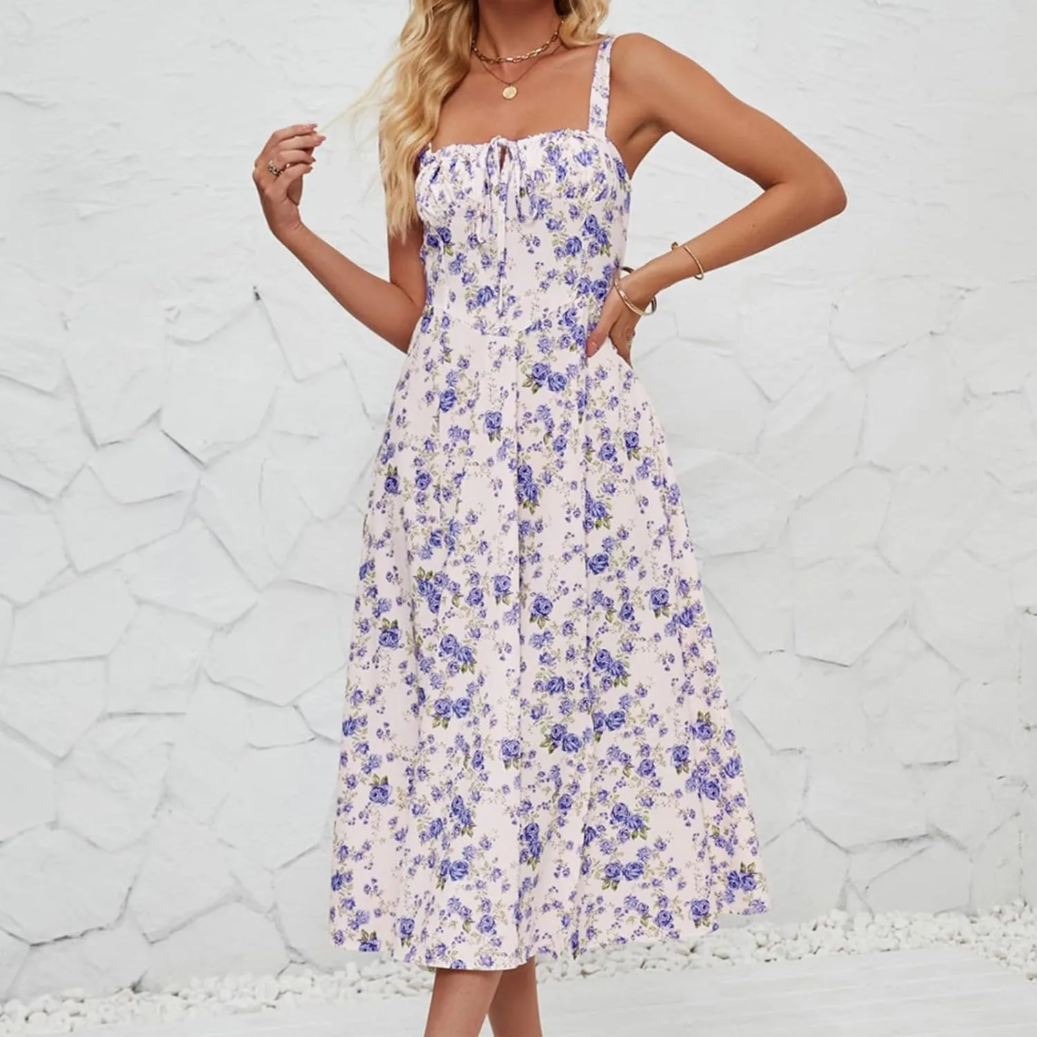 Women's Cami Midi Floral Dress Flowy Sundress Summer Beach Dresses Halter Side Slit Printed Vacation Long Skirts