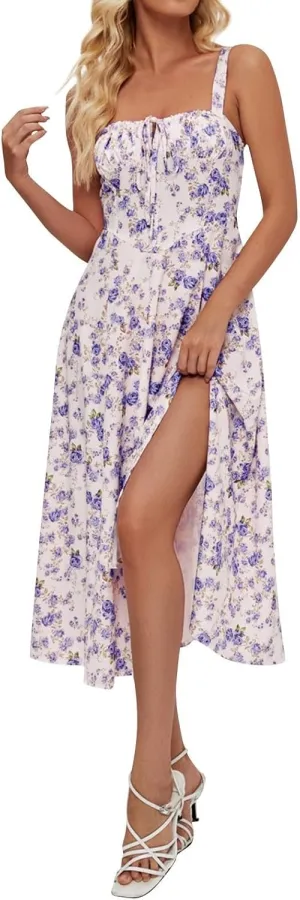 Women's Cami Midi Floral Dress Flowy Sundress Summer Beach Dresses Halter Side Slit Printed Vacation Long Skirts